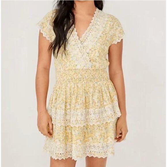 NWT NEW American Eagle Linen Garden Party Tiered Ruffle Floral Yellow Mini Dress - Picture 1 of 11